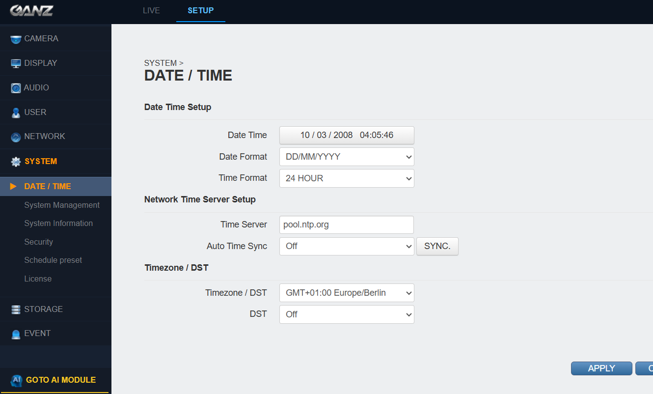Ganz Time Settings